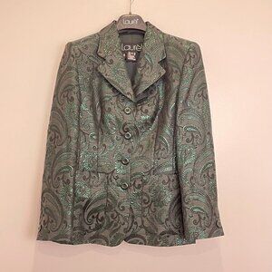 Laurel by Escada Vintage Jacquard Paisley 4 Button Up Blazer Green/Black Size 8